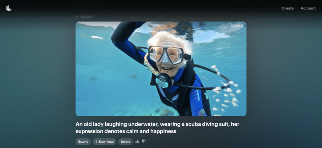 luma dream machine video generation of older woman swimming underwater