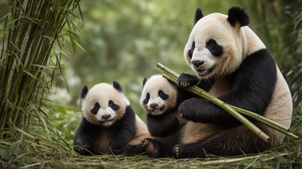 panda bear with cubs eating a bamboo