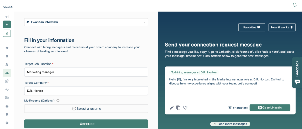 networkai message creation dashboard with example